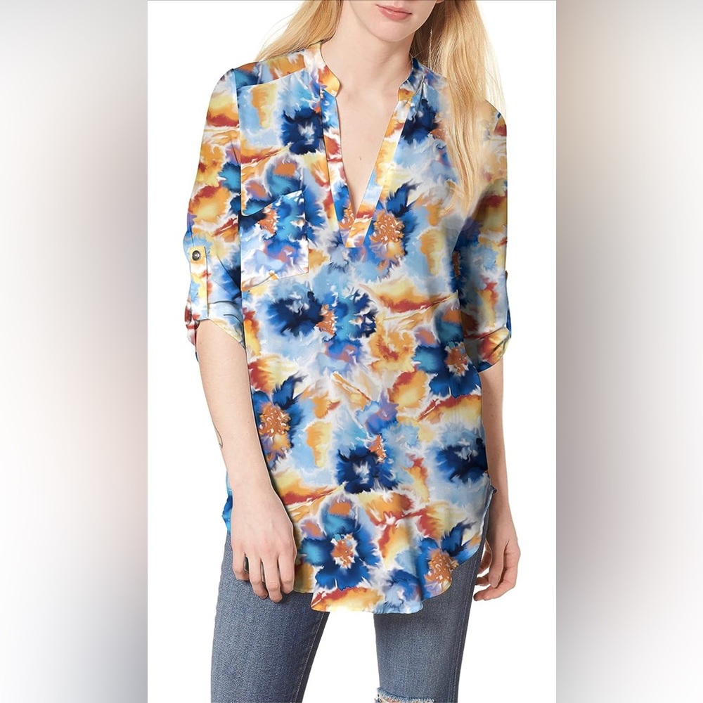 URTH Women’s Floral Printed Blouse 3/4 Roll Tab Button Sleeve V Neck Tunic Top